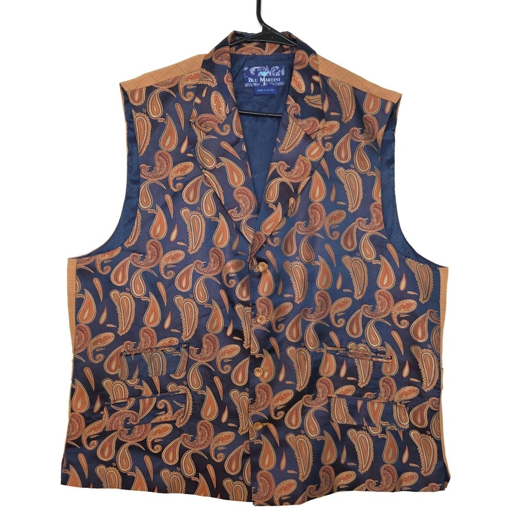 Blu Martini Vest Mens 46R Blue Paisley Brown Back‎ Belted Suit 3 Piece Formal